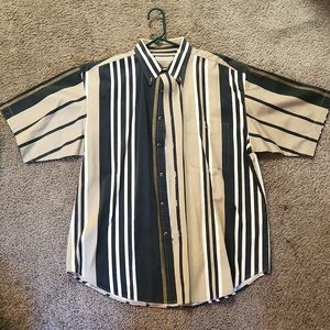 Vintage XL Bugle Boy Company Navy and Tan striped Button up
